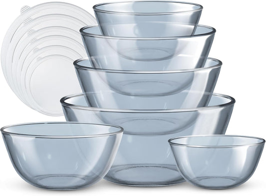 12 Pc Glass Mixing Bowl Set with Lids – Borosilicate Glass Nesting Bowls for Cooking, Baking and Meal Prep, Colored Blue