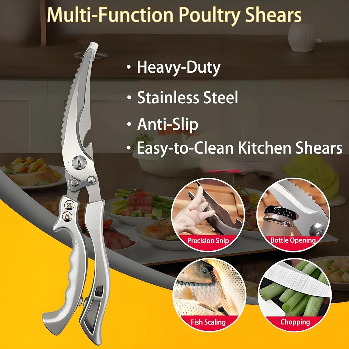 Heavy Duty Kitchen Scissors, Stainless Steel Poultry Shears with Safety Lock Dishwasher Safe, Multi-Purpose Poultry Bone & Fish Scaling Shears, Bottle Opener for Meat, Vegetable, Turkey