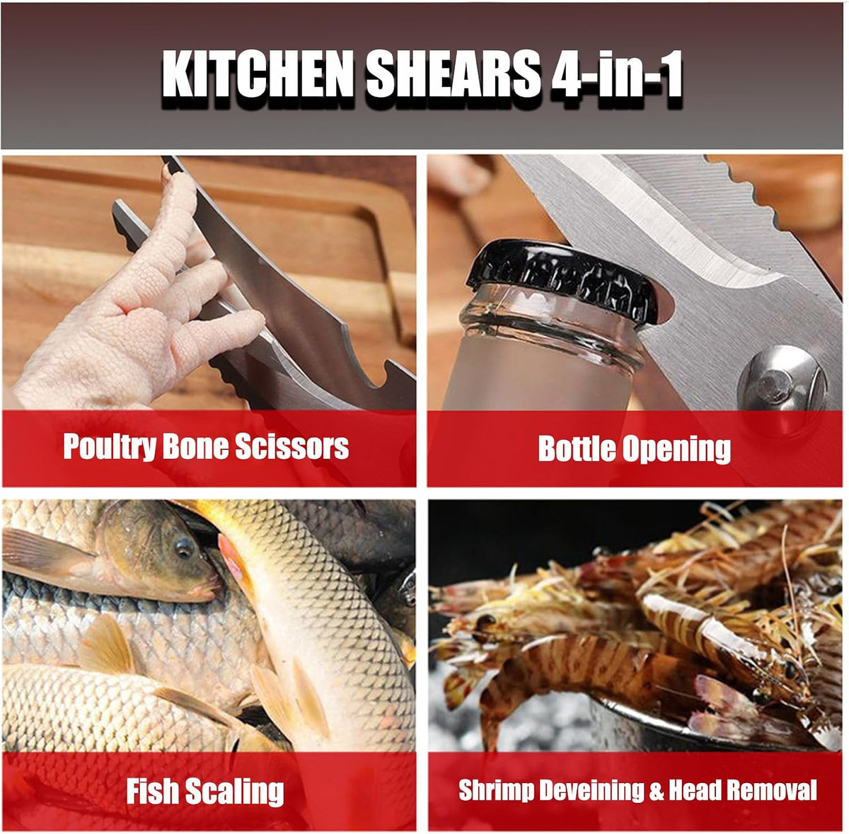 Heavy Duty Kitchen Scissors, Stainless Steel Poultry Shears with Safety Lock Dishwasher Safe, Multi-Purpose Poultry Bone & Fish Scaling Shears, Bottle Opener for Meat, Vegetable, Turkey