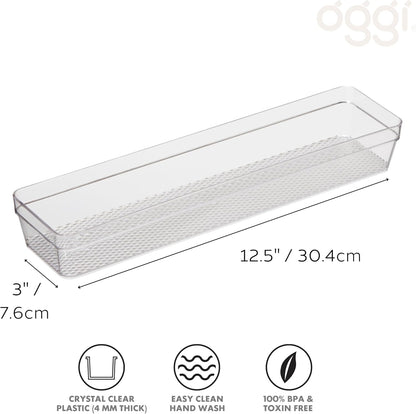 Clear Drawer Organizer - 3" X 12.5" - Ideal for Organizing Kitchen Drawers, Office, Desk, Silverware, Kitchen Utensils, Cosmetics and Bathrooms