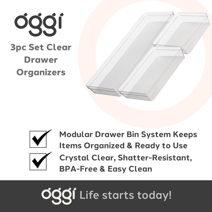 Clear Drawer Organizer - 3" X 12.5" - Ideal for Organizing Kitchen Drawers, Office, Desk, Silverware, Kitchen Utensils, Cosmetics and Bathrooms
