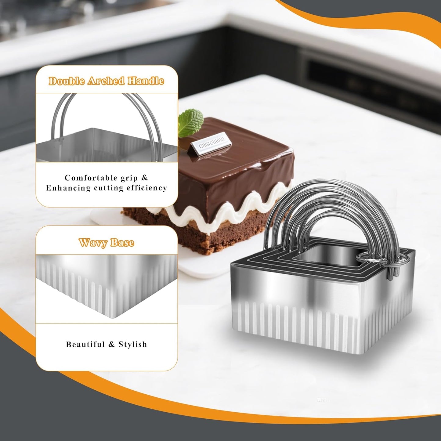 5 Pcs Square Biscuit Cutter Set with Handle | Wave Cookie Cutters with Fluted Edge, Stainless Steel Cookie Shaper, for Dough Cutting, Baking Tools