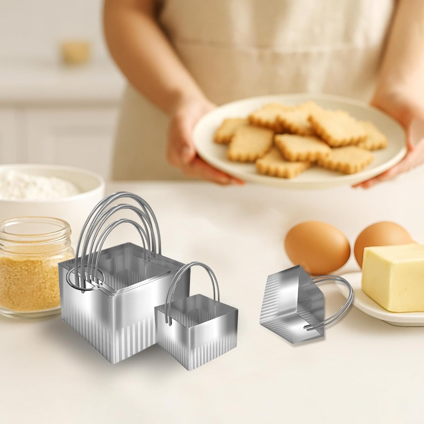 5 Pcs Square Biscuit Cutter Set with Handle | Wave Cookie Cutters with Fluted Edge, Stainless Steel Cookie Shaper, for Dough Cutting, Baking Tools