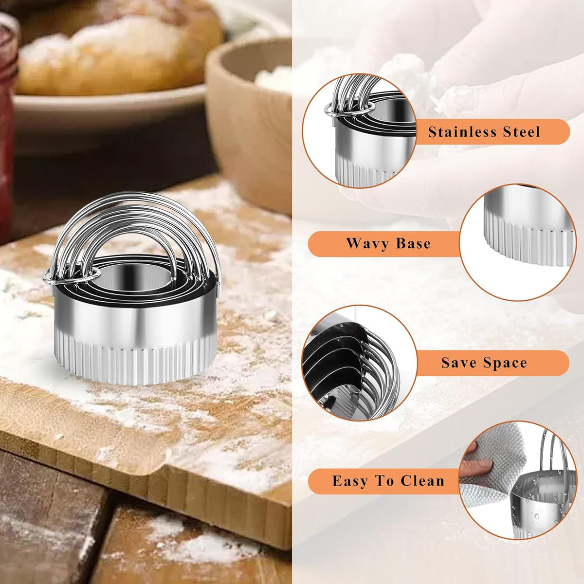 5 Pcs Square Biscuit Cutter Set with Handle | Wave Cookie Cutters with Fluted Edge, Stainless Steel Cookie Shaper, for Dough Cutting, Baking Tools