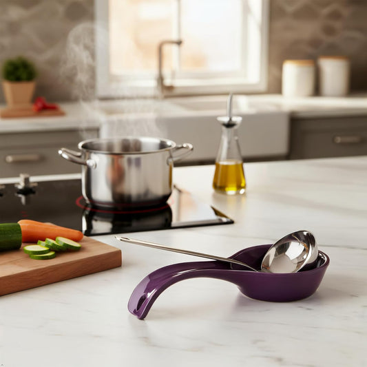 Kitchen Counter Utensil Spoon Rest, Ladles, Spaghetti Forks, & Spatulas, Durable BPA-Free Plastic – Dishwasher Safe, Décor, Space Saving Hanging Hole on Handle, Plum