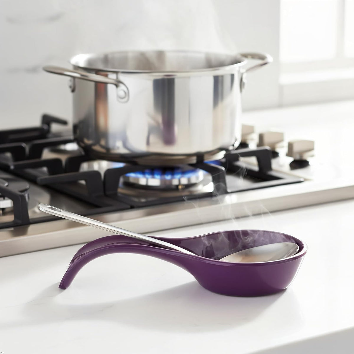Kitchen Counter Utensil Spoon Rest, Ladles, Spaghetti Forks, & Spatulas, Durable BPA-Free Plastic – Dishwasher Safe, Décor, Space Saving Hanging Hole on Handle, Plum