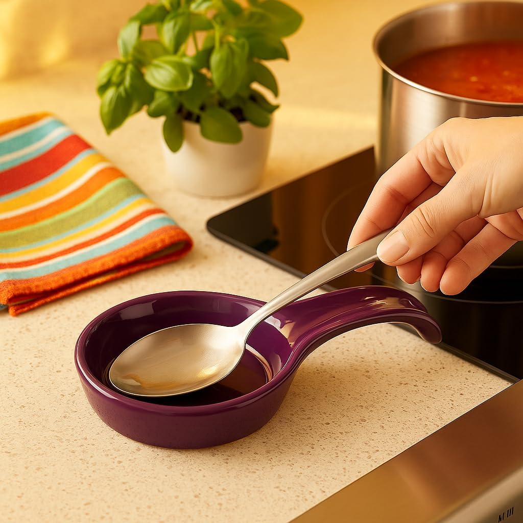 Kitchen Counter Utensil Spoon Rest, Ladles, Spaghetti Forks, & Spatulas, Durable BPA-Free Plastic – Dishwasher Safe, Décor, Space Saving Hanging Hole on Handle, Plum