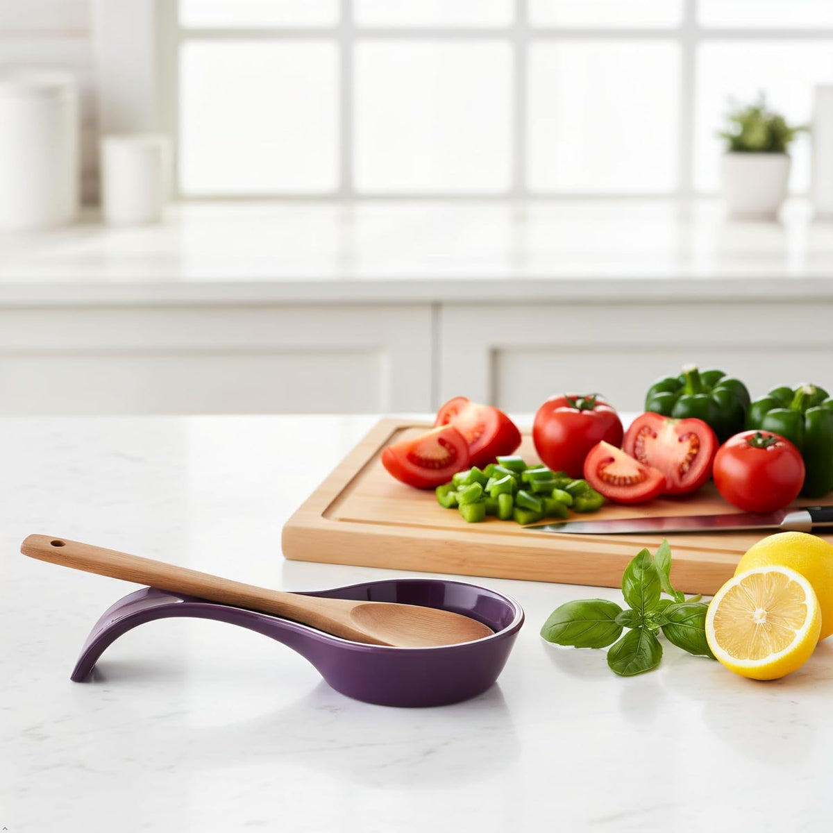 Kitchen Counter Utensil Spoon Rest, Ladles, Spaghetti Forks, & Spatulas, Durable BPA-Free Plastic – Dishwasher Safe, Décor, Space Saving Hanging Hole on Handle, Plum