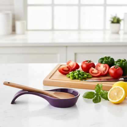 Kitchen Counter Utensil Spoon Rest, Ladles, Spaghetti Forks, & Spatulas, Durable BPA-Free Plastic – Dishwasher Safe, Décor, Space Saving Hanging Hole on Handle, Plum