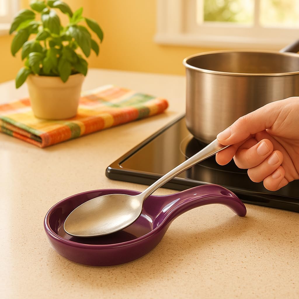 Kitchen Counter Utensil Spoon Rest, Ladles, Spaghetti Forks, & Spatulas, Durable BPA-Free Plastic – Dishwasher Safe, Décor, Space Saving Hanging Hole on Handle, Plum