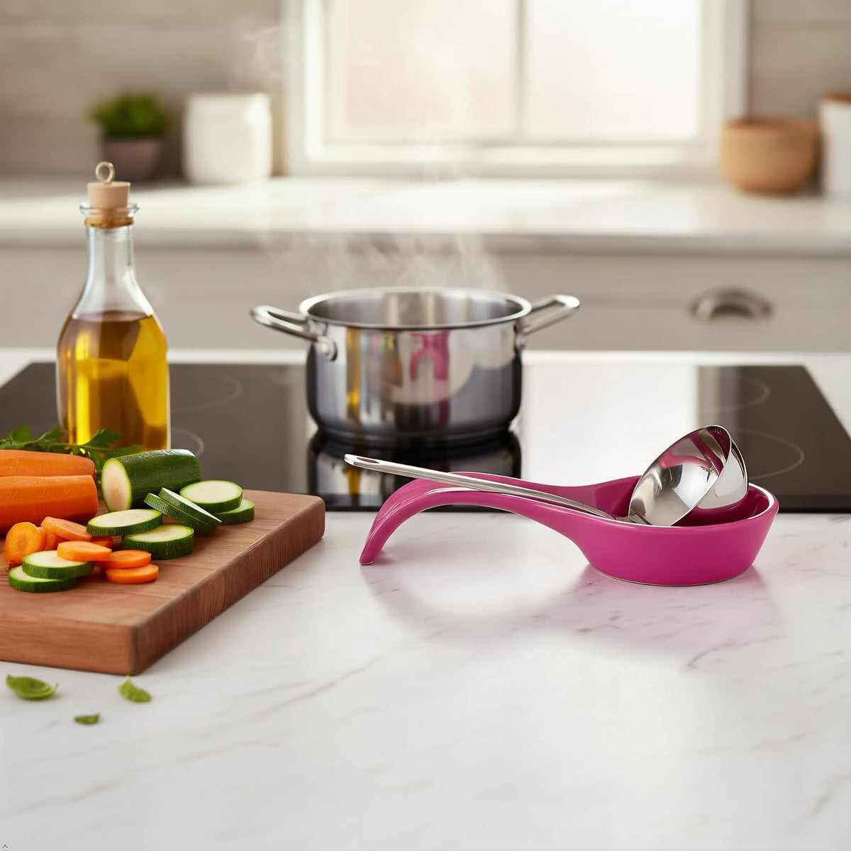 Kitchen Counter Utensil Spoon Rest, Ladles, Spaghetti Forks, & Spatulas, Durable BPA-Free Plastic – Dishwasher Safe, Décor, Space Saving Hanging Hole on Handle, Plum
