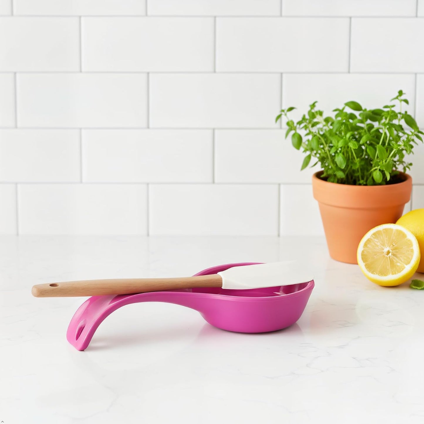 Kitchen Counter Utensil Spoon Rest, Ladles, Spaghetti Forks, & Spatulas, Durable BPA-Free Plastic – Dishwasher Safe, Décor, Space Saving Hanging Hole on Handle, Plum
