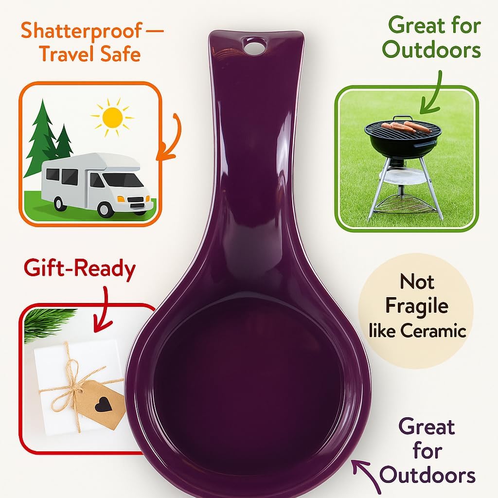 Kitchen Counter Utensil Spoon Rest, Ladles, Spaghetti Forks, & Spatulas, Durable BPA-Free Plastic – Dishwasher Safe, Décor, Space Saving Hanging Hole on Handle, Plum
