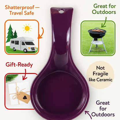 Kitchen Counter Utensil Spoon Rest, Ladles, Spaghetti Forks, & Spatulas, Durable BPA-Free Plastic – Dishwasher Safe, Décor, Space Saving Hanging Hole on Handle, Plum