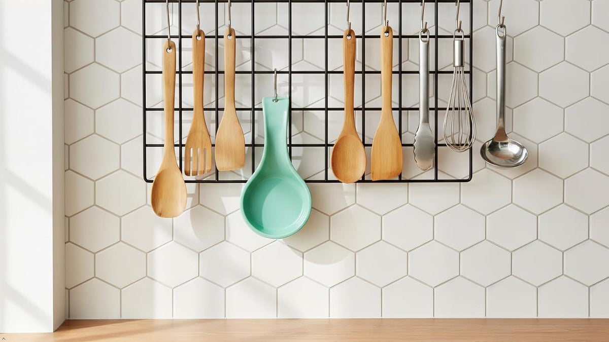 Kitchen Counter Utensil Spoon Rest, Ladles, Spaghetti Forks, & Spatulas, Durable BPA-Free Plastic – Dishwasher Safe, Décor, Space Saving Hanging Hole on Handle, Plum