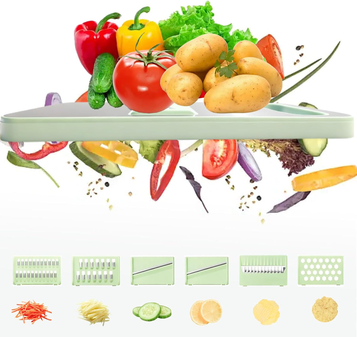 ZKIRON Stainless Steel Mandoline Slicer for Kitchen, 6-in-1 Handheld Vegetable Slicer with 360° Full-Cover Safety Guard, Potato Cucumber Julienne Shredder Grater, Compact Salad Prep (Mint Green)
