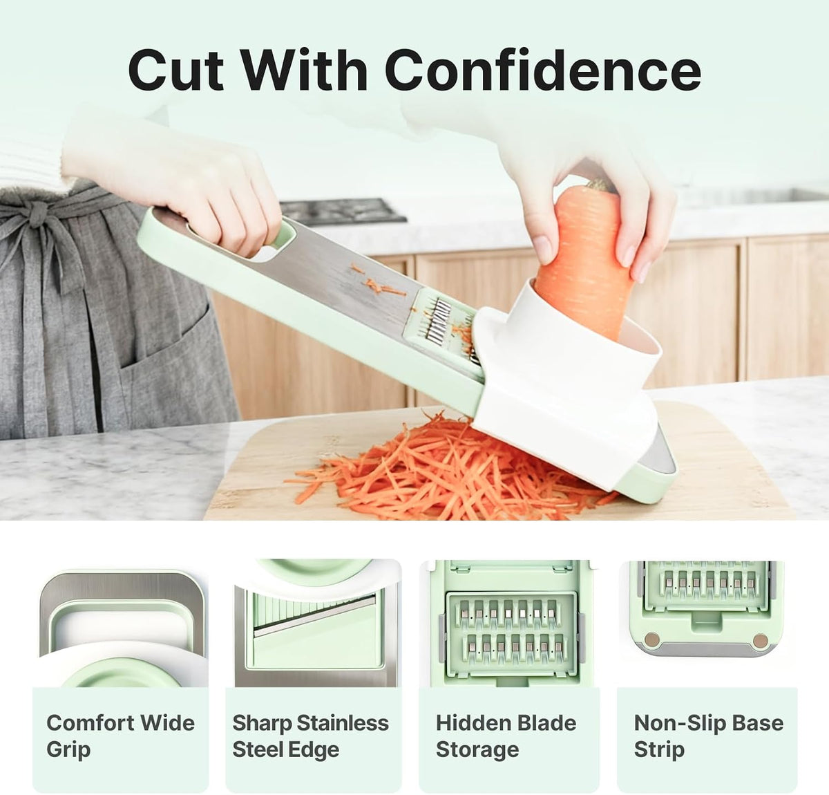 ZKIRON Stainless Steel Mandoline Slicer for Kitchen, 6-in-1 Handheld Vegetable Slicer with 360° Full-Cover Safety Guard, Potato Cucumber Julienne Shredder Grater, Compact Salad Prep (Mint Green)