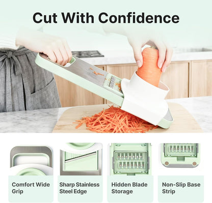 ZKIRON Stainless Steel Mandoline Slicer for Kitchen, 6-in-1 Handheld Vegetable Slicer with 360° Full-Cover Safety Guard, Potato Cucumber Julienne Shredder Grater, Compact Salad Prep (Mint Green)