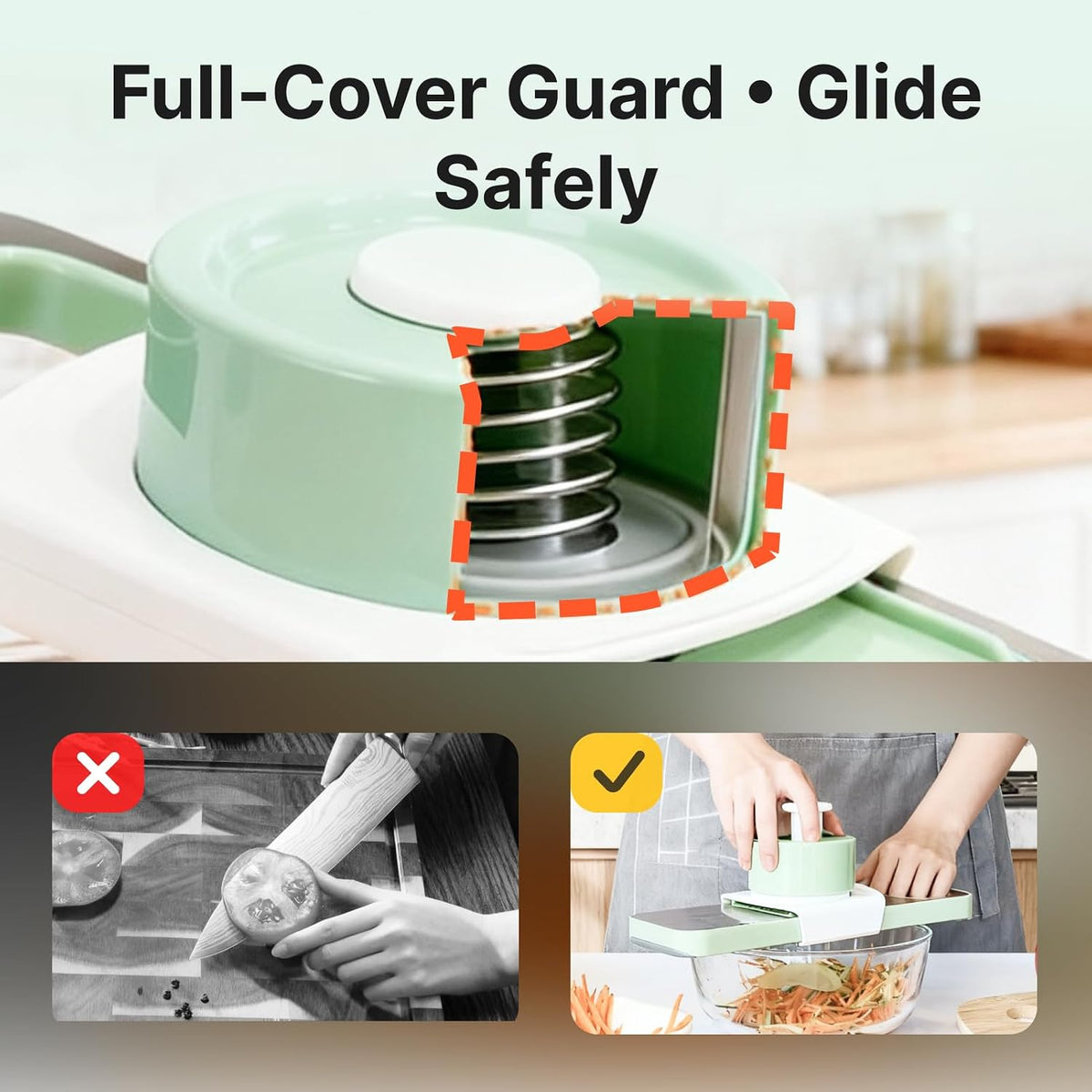 ZKIRON Stainless Steel Mandoline Slicer for Kitchen, 6-in-1 Handheld Vegetable Slicer with 360° Full-Cover Safety Guard, Potato Cucumber Julienne Shredder Grater, Compact Salad Prep (Mint Green)