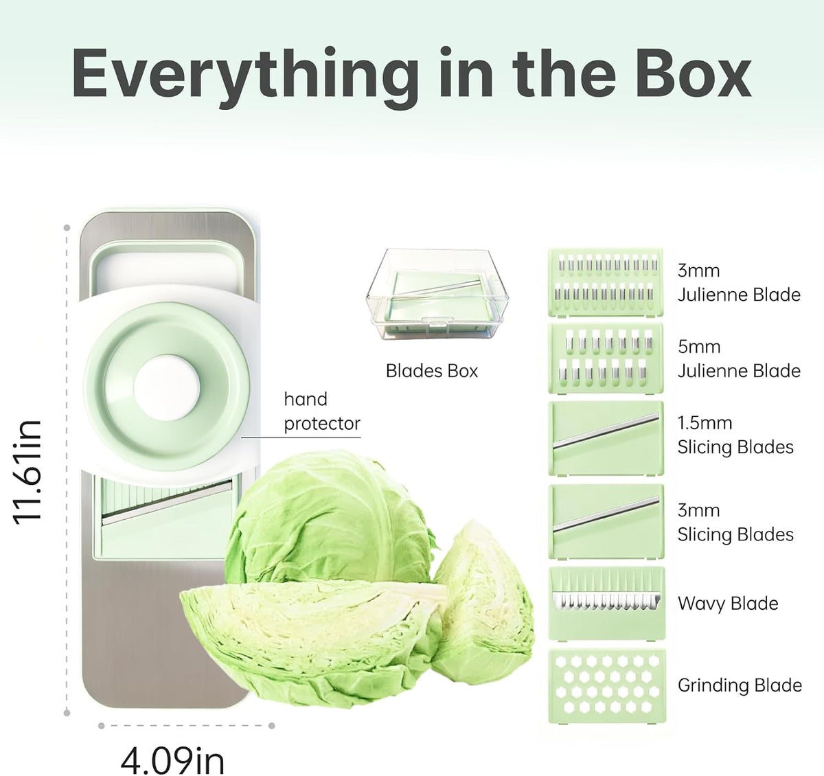 ZKIRON Stainless Steel Mandoline Slicer for Kitchen, 6-in-1 Handheld Vegetable Slicer with 360° Full-Cover Safety Guard, Potato Cucumber Julienne Shredder Grater, Compact Salad Prep (Mint Green)