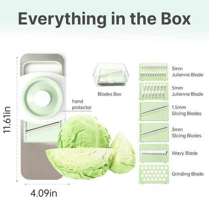 ZKIRON Stainless Steel Mandoline Slicer for Kitchen, 6-in-1 Handheld Vegetable Slicer with 360° Full-Cover Safety Guard, Potato Cucumber Julienne Shredder Grater, Compact Salad Prep (Mint Green)