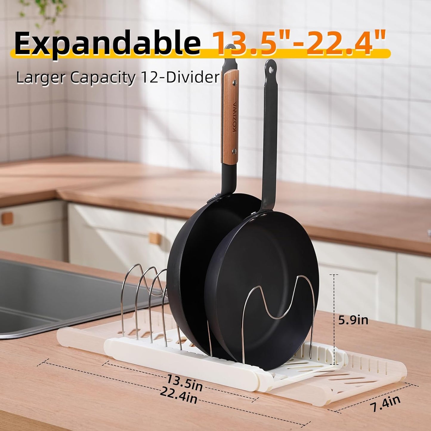 Pot Rack -Expandable Pan Organizer for Cabinet,Pot Lid Holder with 7 Adjustable Compartment for Kitchen Cabinet Cookware Baking Frying Rack,Apricot