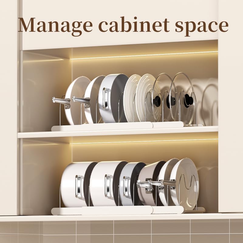 Pot Rack -Expandable Pan Organizer for Cabinet,Pot Lid Holder with 7 Adjustable Compartment for Kitchen Cabinet Cookware Baking Frying Rack,Apricot