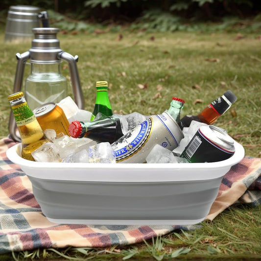 9.2L (2.37Gallon) Collapsible Wash Basin - Foldable Outdoor Picnic Basket - Portable Plastic Tub - Space Saving Storage Container with Size : 15.3 x 11.2 x 5.5/1.5" (M, Gray)