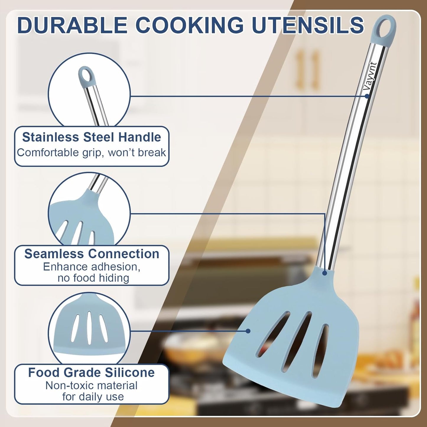 Silicone Kitchen Utensils Set, NonToxic, Plastic-Free, 8PCS, Blue | Heat Resistant Silicone Cooking Utensils, Non Scratch Spatula for Non Stick Pan, Long Stainless Steel Handle, Dishwasher Safe