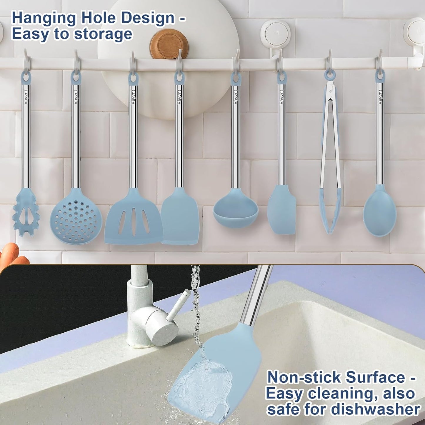Silicone Kitchen Utensils Set, NonToxic, Plastic-Free, 8PCS, Blue | Heat Resistant Silicone Cooking Utensils, Non Scratch Spatula for Non Stick Pan, Long Stainless Steel Handle, Dishwasher Safe