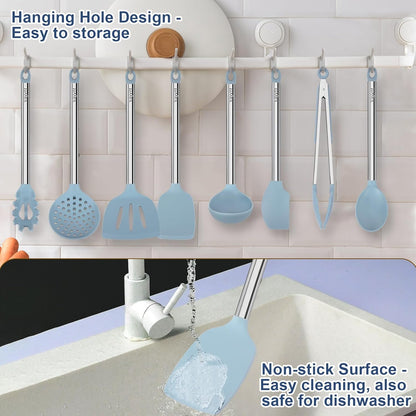 Silicone Kitchen Utensils Set, NonToxic, Plastic-Free, 8PCS, Blue | Heat Resistant Silicone Cooking Utensils, Non Scratch Spatula for Non Stick Pan, Long Stainless Steel Handle, Dishwasher Safe