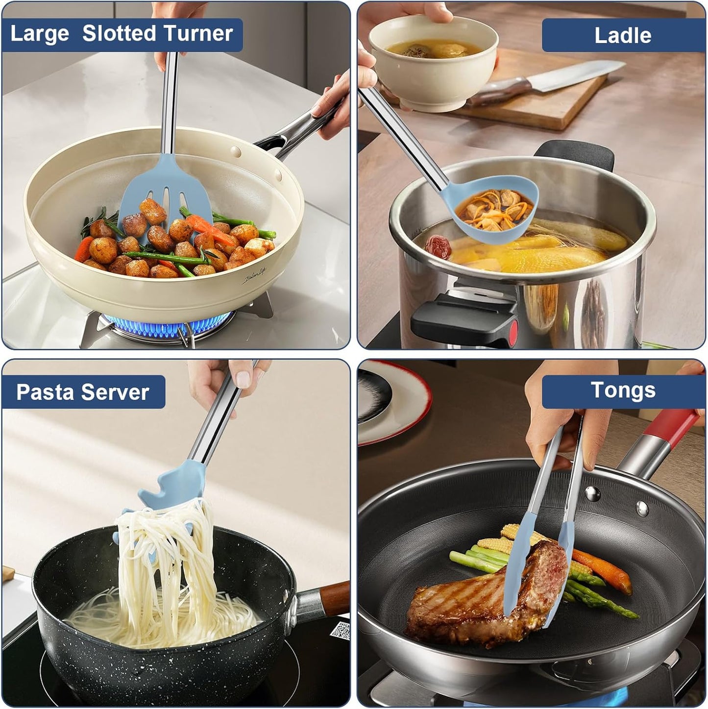 Silicone Kitchen Utensils Set, NonToxic, Plastic-Free, 8PCS, Blue | Heat Resistant Silicone Cooking Utensils, Non Scratch Spatula for Non Stick Pan, Long Stainless Steel Handle, Dishwasher Safe