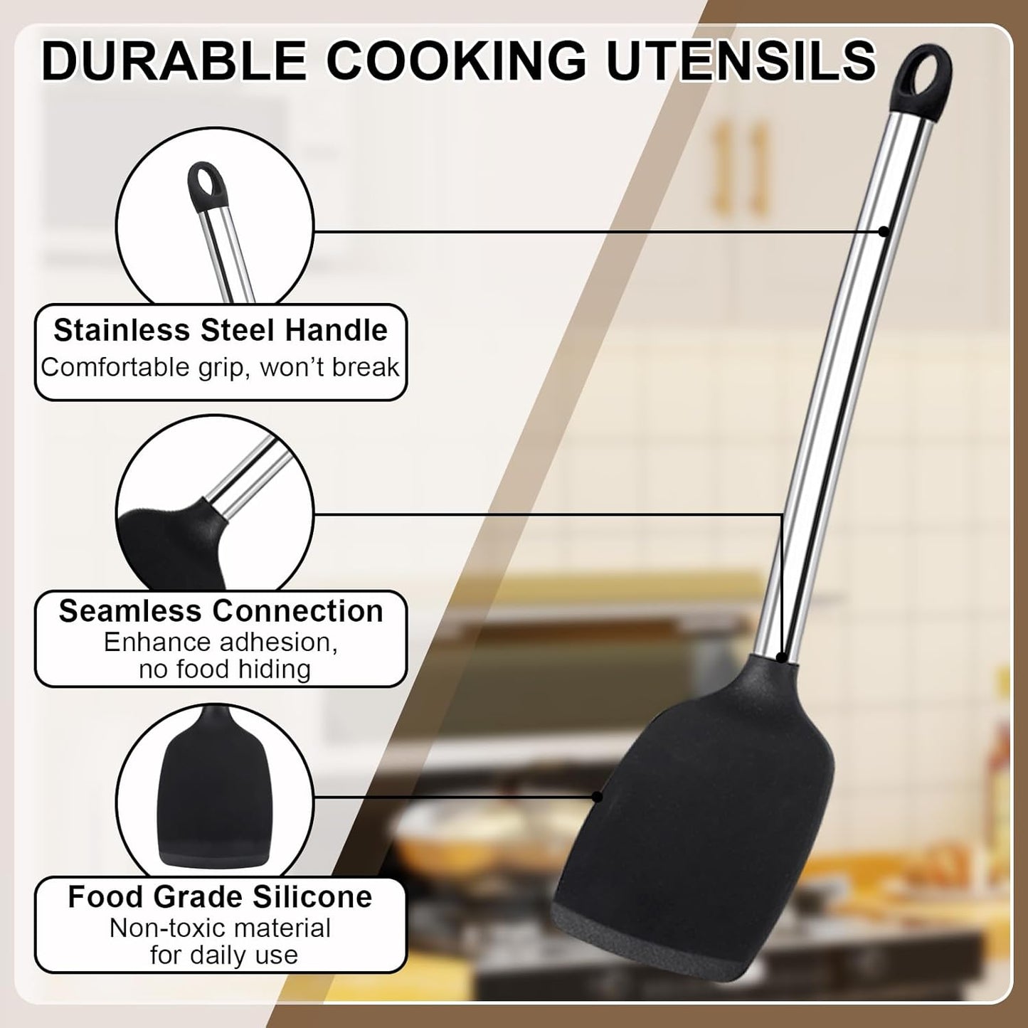 Silicone Kitchen Utensils Set, NonToxic, Plastic-Free, 8PCS, Blue | Heat Resistant Silicone Cooking Utensils, Non Scratch Spatula for Non Stick Pan, Long Stainless Steel Handle, Dishwasher Safe
