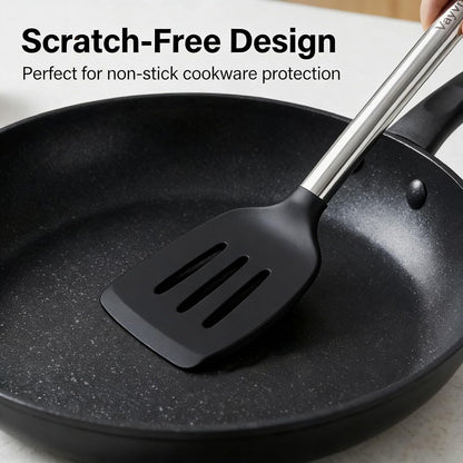 Silicone Kitchen Utensils Set, NonToxic, Plastic-Free, 8PCS, Blue | Heat Resistant Silicone Cooking Utensils, Non Scratch Spatula for Non Stick Pan, Long Stainless Steel Handle, Dishwasher Safe