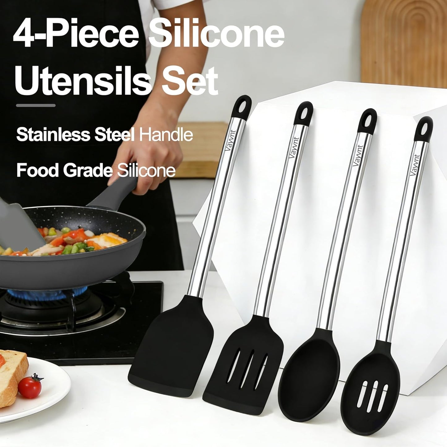 Silicone Kitchen Utensils Set, NonToxic, Plastic-Free, 8PCS, Blue | Heat Resistant Silicone Cooking Utensils, Non Scratch Spatula for Non Stick Pan, Long Stainless Steel Handle, Dishwasher Safe
