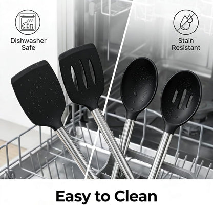 Silicone Kitchen Utensils Set, NonToxic, Plastic-Free, 8PCS, Blue | Heat Resistant Silicone Cooking Utensils, Non Scratch Spatula for Non Stick Pan, Long Stainless Steel Handle, Dishwasher Safe