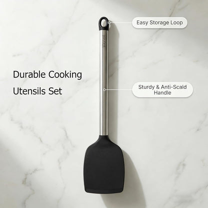 Silicone Kitchen Utensils Set, NonToxic, Plastic-Free, 8PCS, Blue | Heat Resistant Silicone Cooking Utensils, Non Scratch Spatula for Non Stick Pan, Long Stainless Steel Handle, Dishwasher Safe