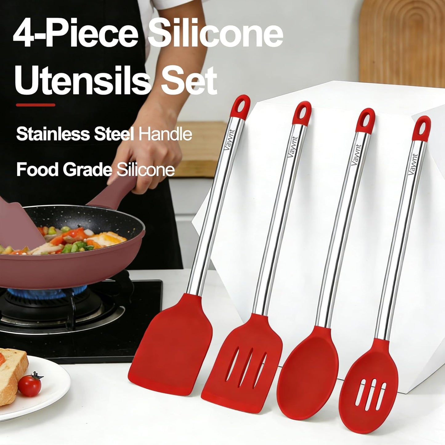 Silicone Kitchen Utensils Set, NonToxic, Plastic-Free, 8PCS, Blue | Heat Resistant Silicone Cooking Utensils, Non Scratch Spatula for Non Stick Pan, Long Stainless Steel Handle, Dishwasher Safe