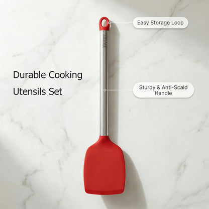 Silicone Kitchen Utensils Set, NonToxic, Plastic-Free, 8PCS, Blue | Heat Resistant Silicone Cooking Utensils, Non Scratch Spatula for Non Stick Pan, Long Stainless Steel Handle, Dishwasher Safe