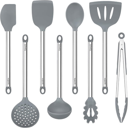 Silicone Kitchen Utensils Set, NonToxic, Plastic-Free, 8PCS, Blue | Heat Resistant Silicone Cooking Utensils, Non Scratch Spatula for Non Stick Pan, Long Stainless Steel Handle, Dishwasher Safe