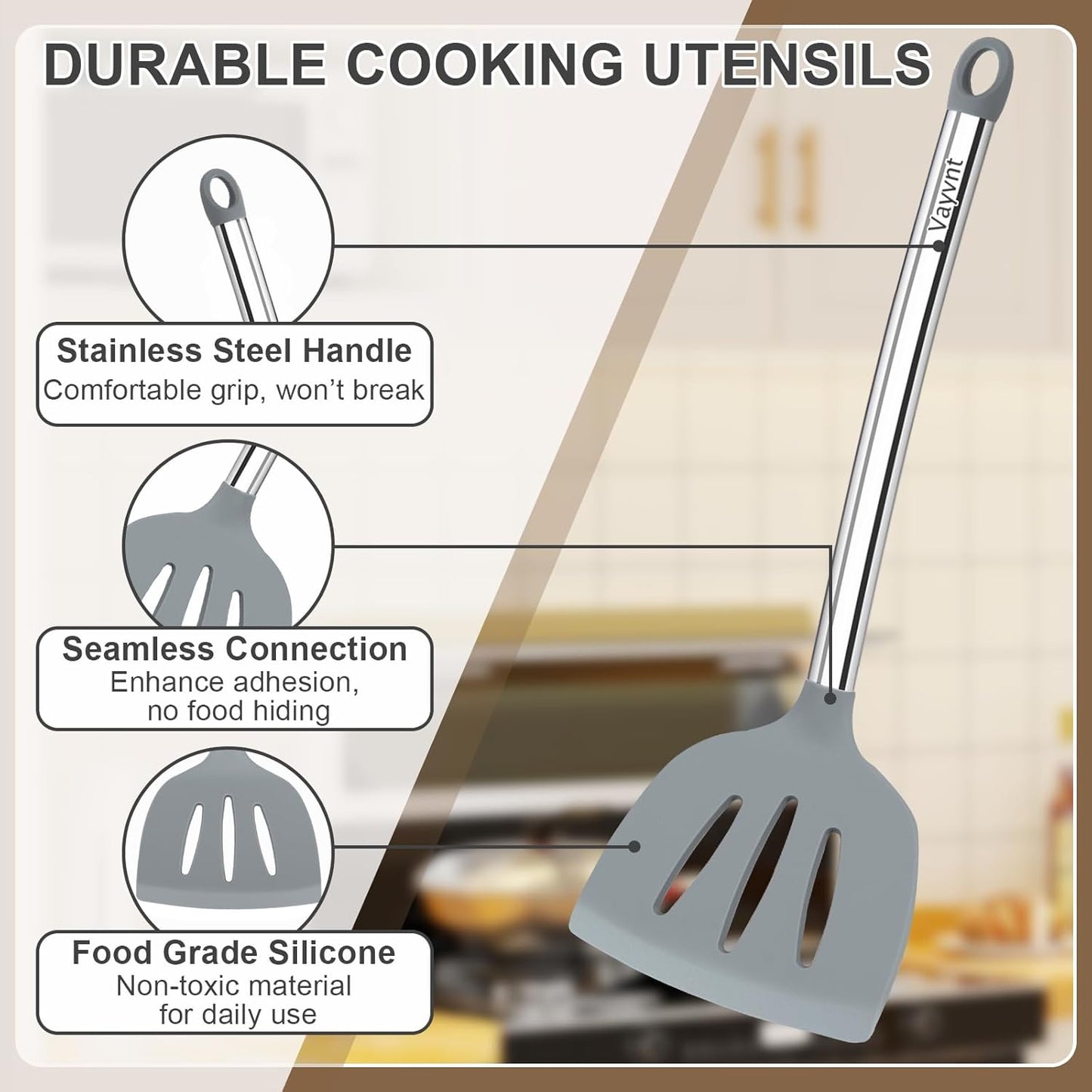 Silicone Kitchen Utensils Set, NonToxic, Plastic-Free, 8PCS, Blue | Heat Resistant Silicone Cooking Utensils, Non Scratch Spatula for Non Stick Pan, Long Stainless Steel Handle, Dishwasher Safe