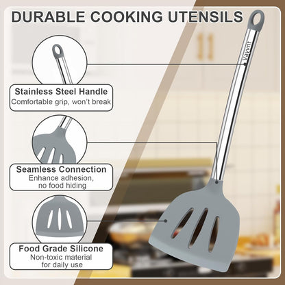 Silicone Kitchen Utensils Set, NonToxic, Plastic-Free, 8PCS, Blue | Heat Resistant Silicone Cooking Utensils, Non Scratch Spatula for Non Stick Pan, Long Stainless Steel Handle, Dishwasher Safe