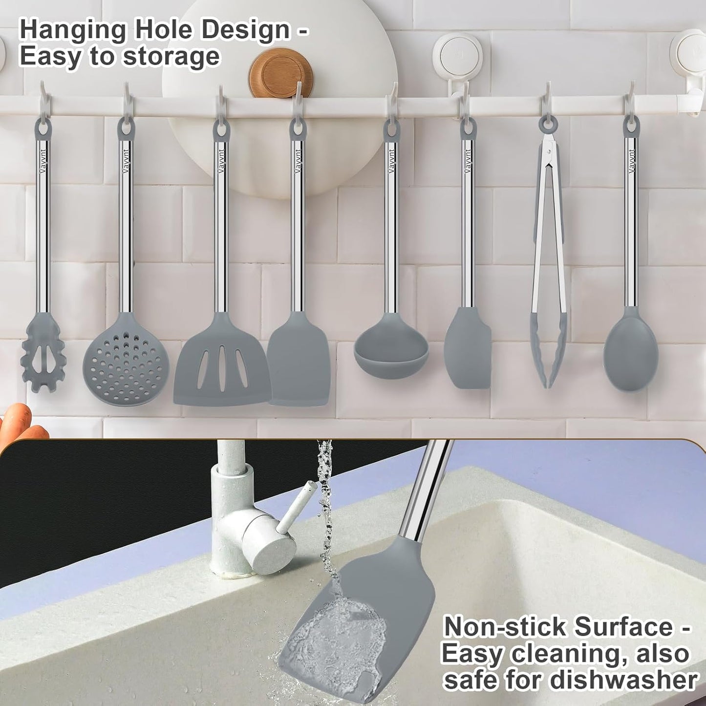 Silicone Kitchen Utensils Set, NonToxic, Plastic-Free, 8PCS, Blue | Heat Resistant Silicone Cooking Utensils, Non Scratch Spatula for Non Stick Pan, Long Stainless Steel Handle, Dishwasher Safe