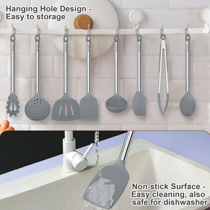 Silicone Kitchen Utensils Set, NonToxic, Plastic-Free, 8PCS, Blue | Heat Resistant Silicone Cooking Utensils, Non Scratch Spatula for Non Stick Pan, Long Stainless Steel Handle, Dishwasher Safe