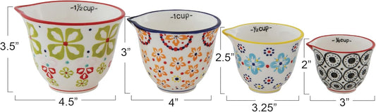 Floral Hand Stamped Stoneware Measuring Cups (Set of 4 Sizes/Designs)