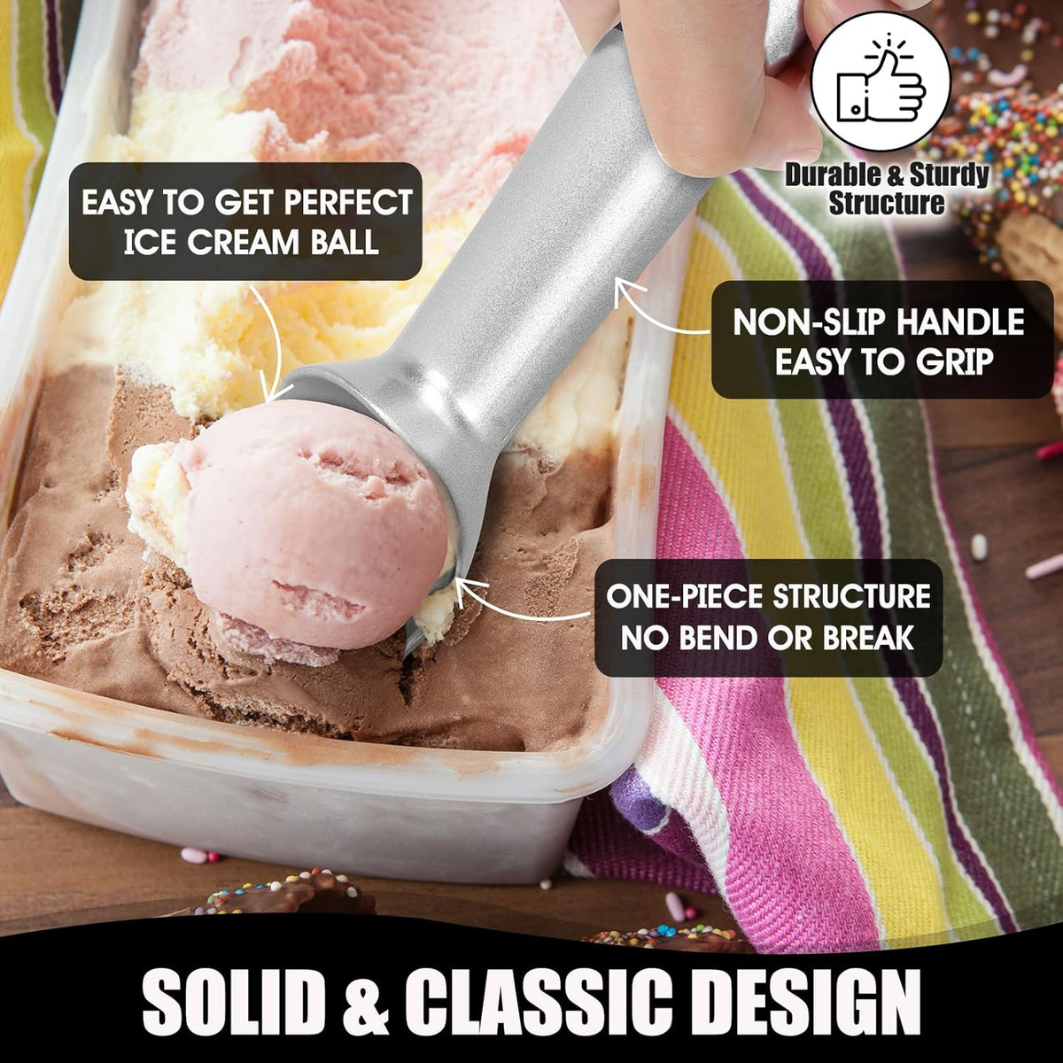 7 inch Metal Ice Cream Scoop with Ergonomic Grip Handle, Silver