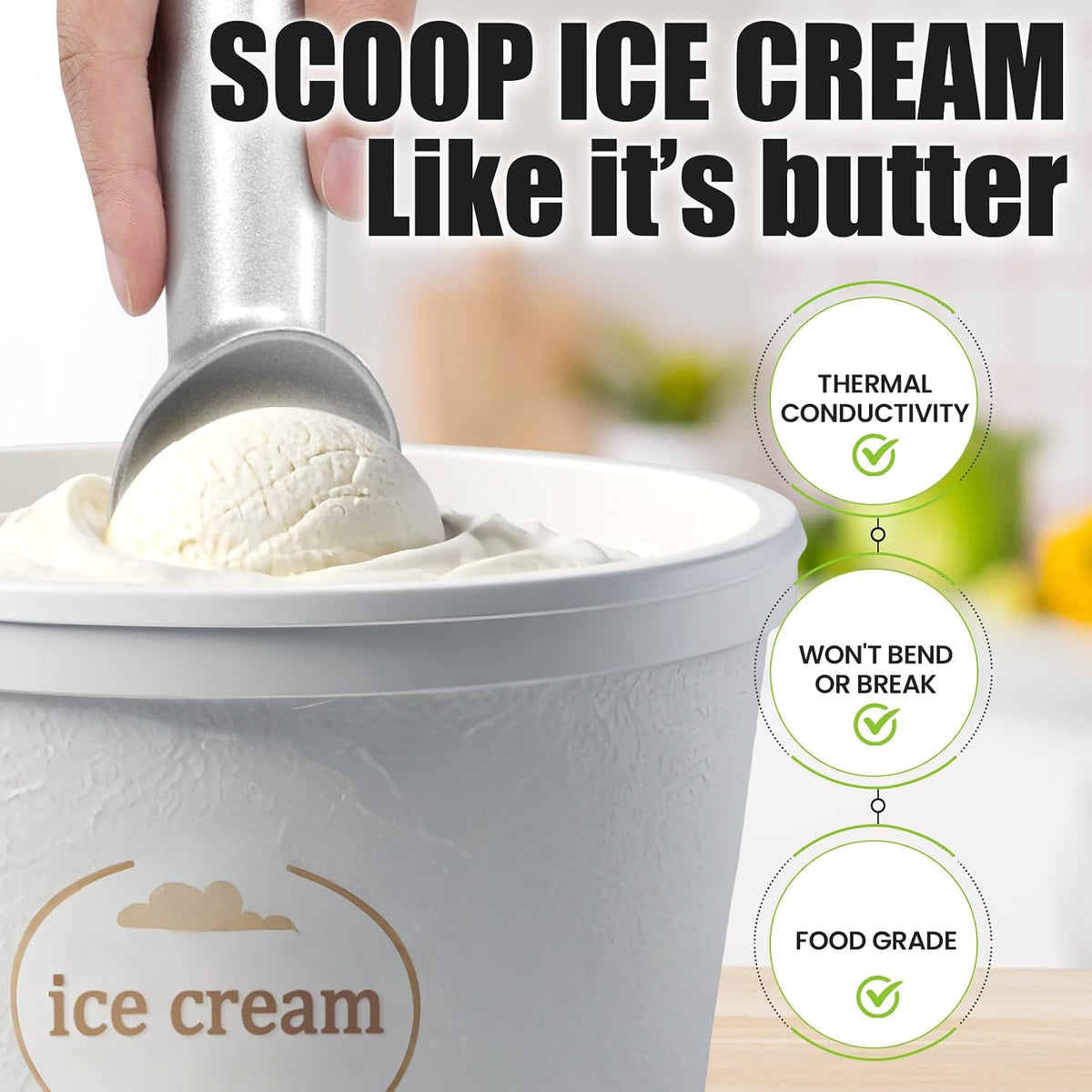 7 inch Metal Ice Cream Scoop with Ergonomic Grip Handle, Silver