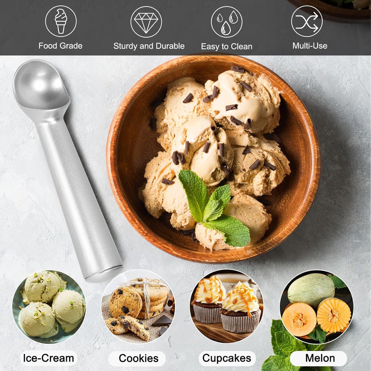 7 inch Metal Ice Cream Scoop with Ergonomic Grip Handle, Silver