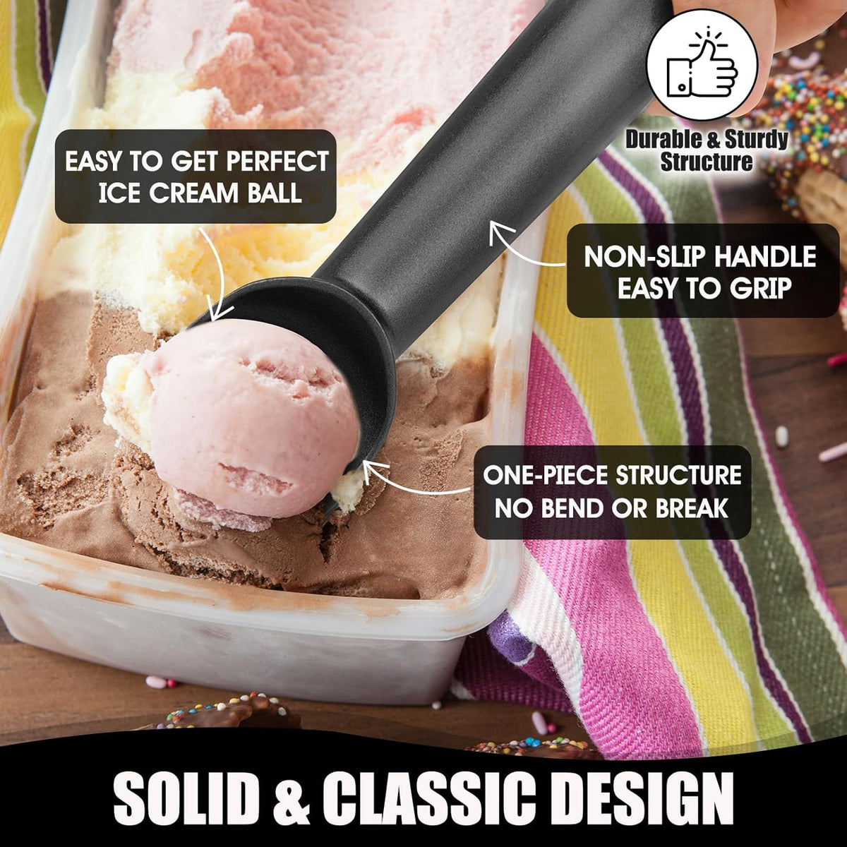 7 inch Metal Ice Cream Scoop with Ergonomic Grip Handle, Silver