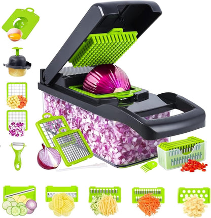 Vegetable Chopper 16-in-1 Pro Onion & Food Slicer Dicer Veggie Cutter with 11 Blades & Container Kitchen Utensil Set for Cooking & Meal Prep Useful Gadget for New Homeowners